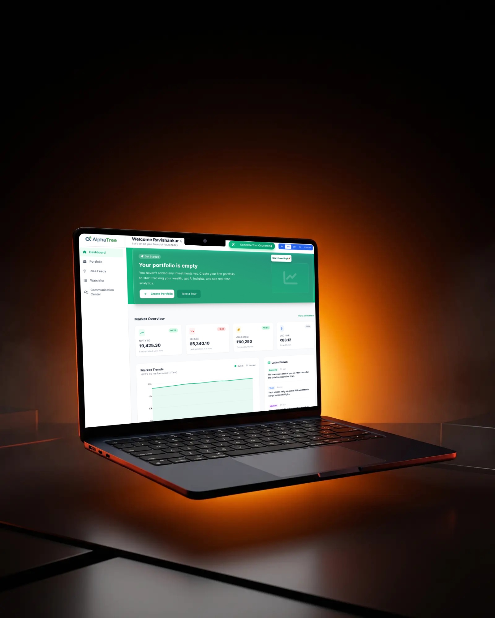 sleek modern fintech trading dashboard UI on laptop screen, clean white interface with green accents