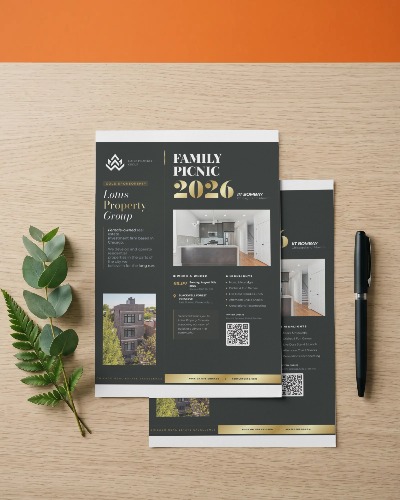 Luxury real estate investment flyer with a minimalist dark theme and gold accents