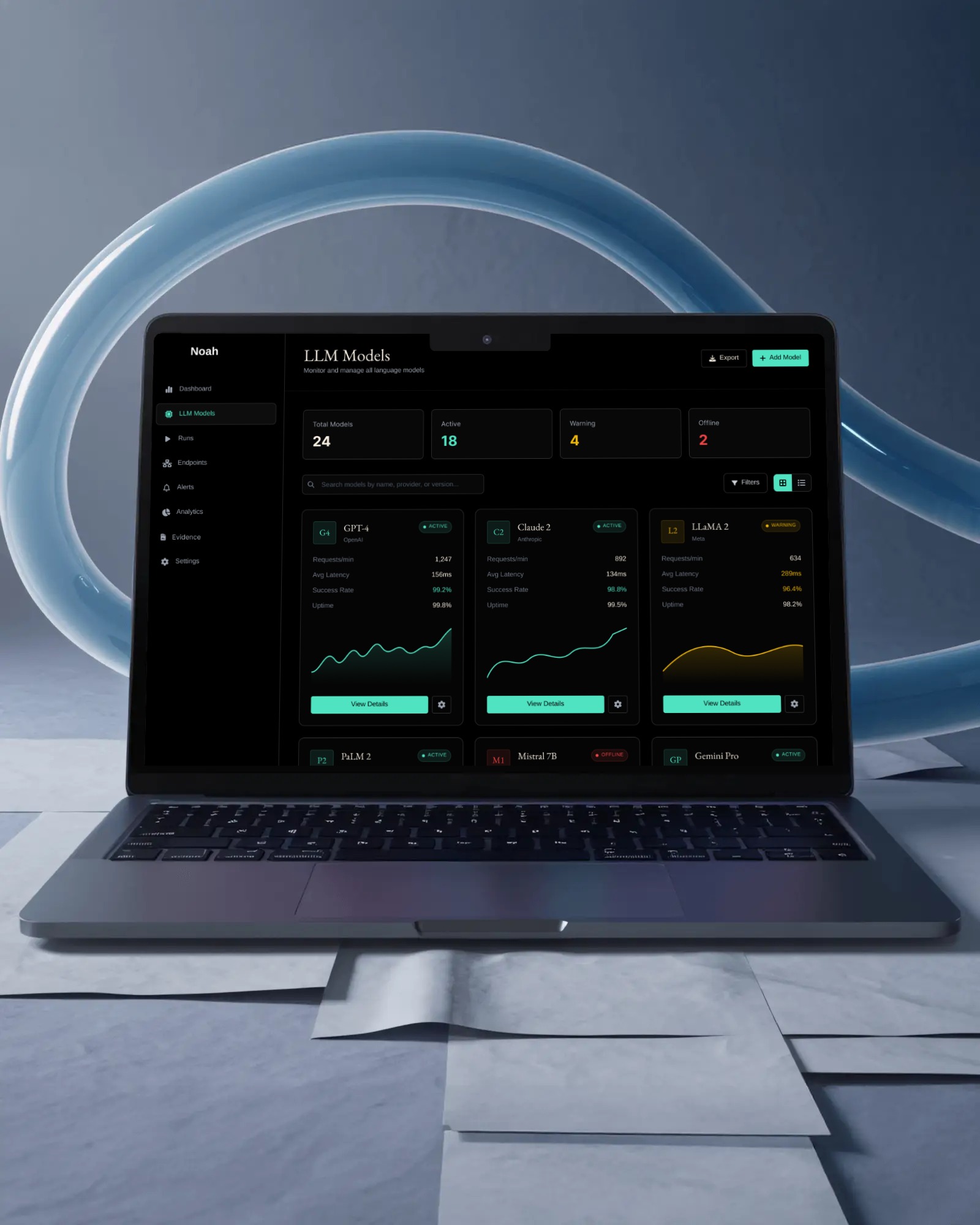 wide desktop view of a complex AI dashboard, dark mode, neon green accents, interactive charts for m