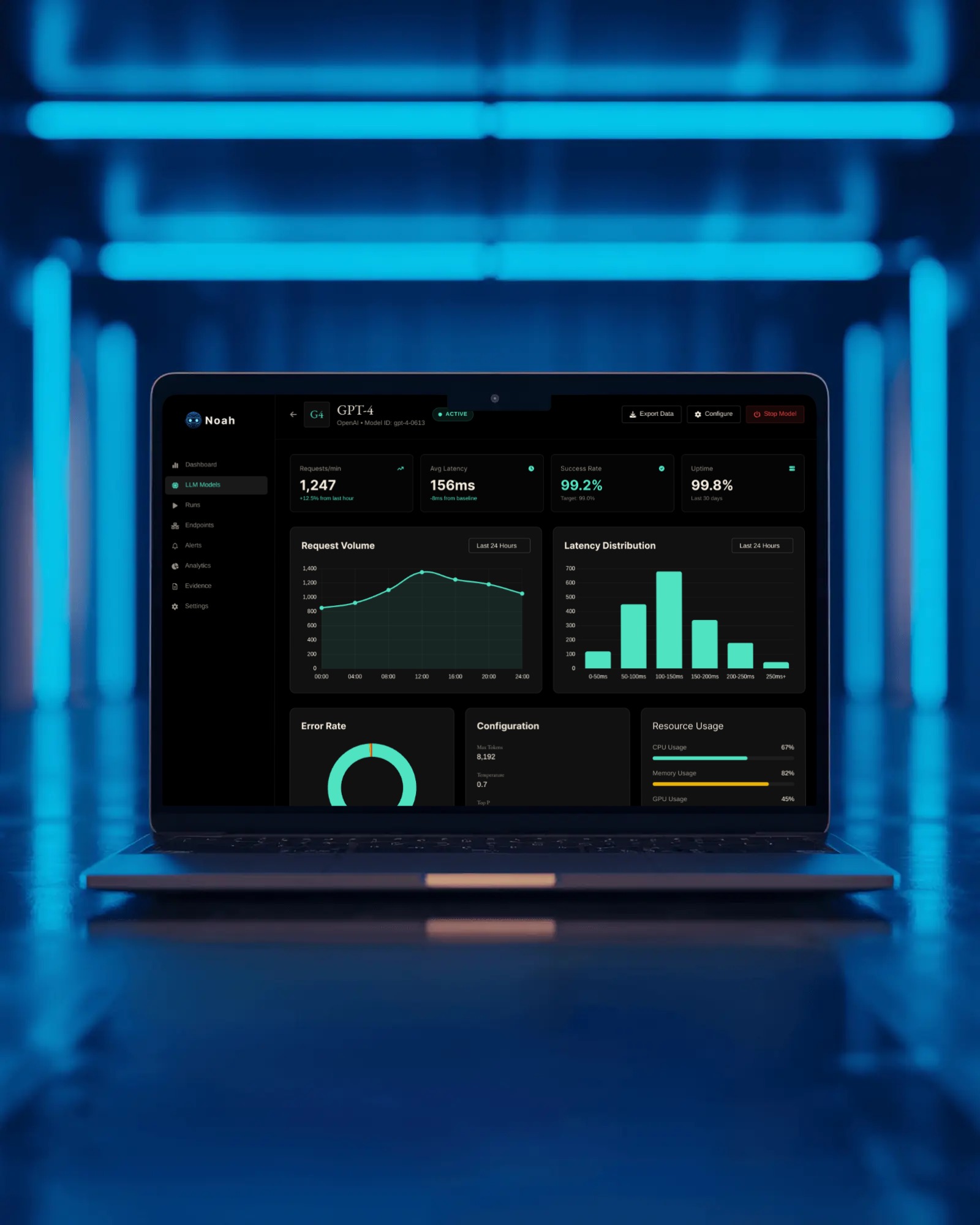 scenic view of a tech office at night, designer working on a laptop with the Noah AI dashboard on sc